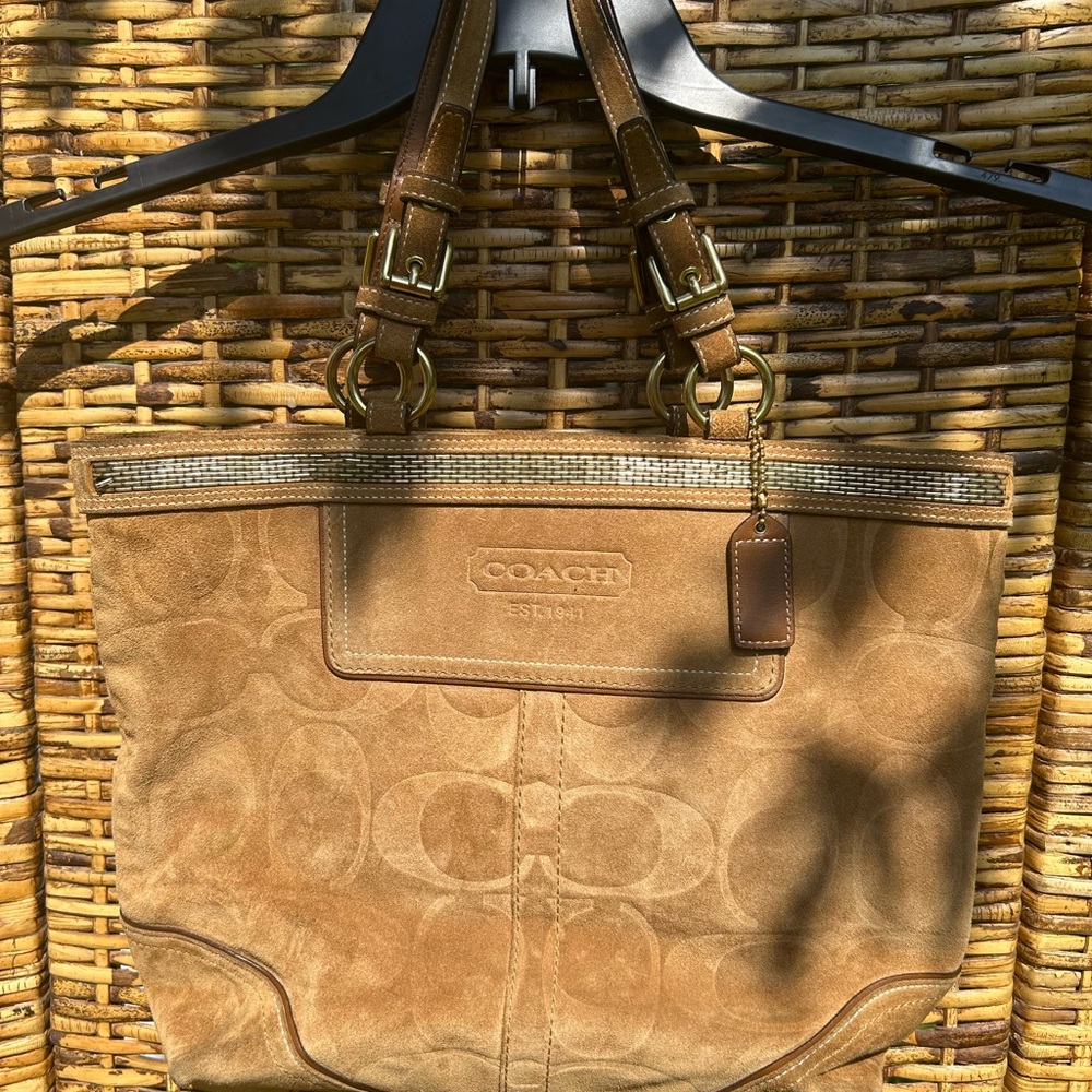 Coach Tan Monogram Tote with Leather Trim